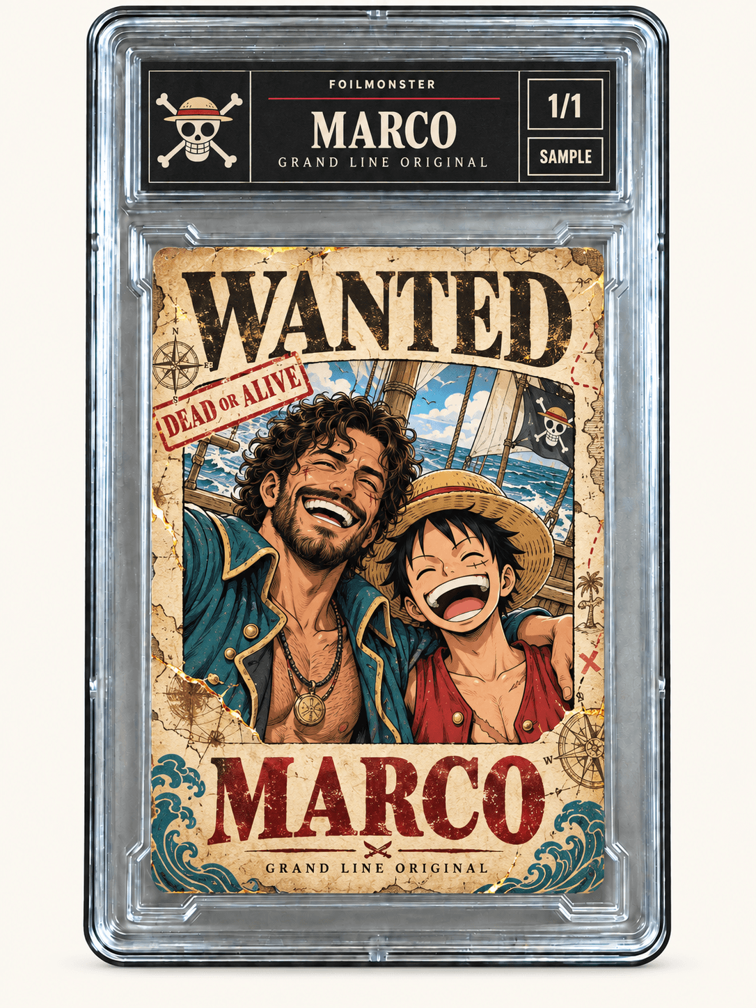 Marco and Luffy on a One Piece inspired manga bounty poster card with a black personalized slab label
