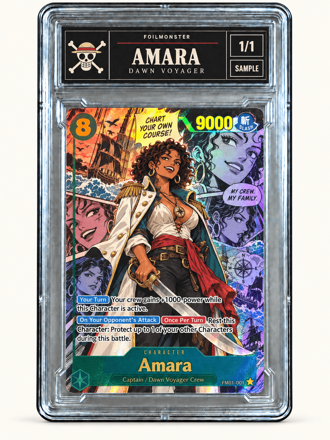 Amara as an original pirate captain on a One Piece style manga collage card with cost 8, power 9000, custom abilities, a teal character nameplate, and a black FOILMONSTER label
