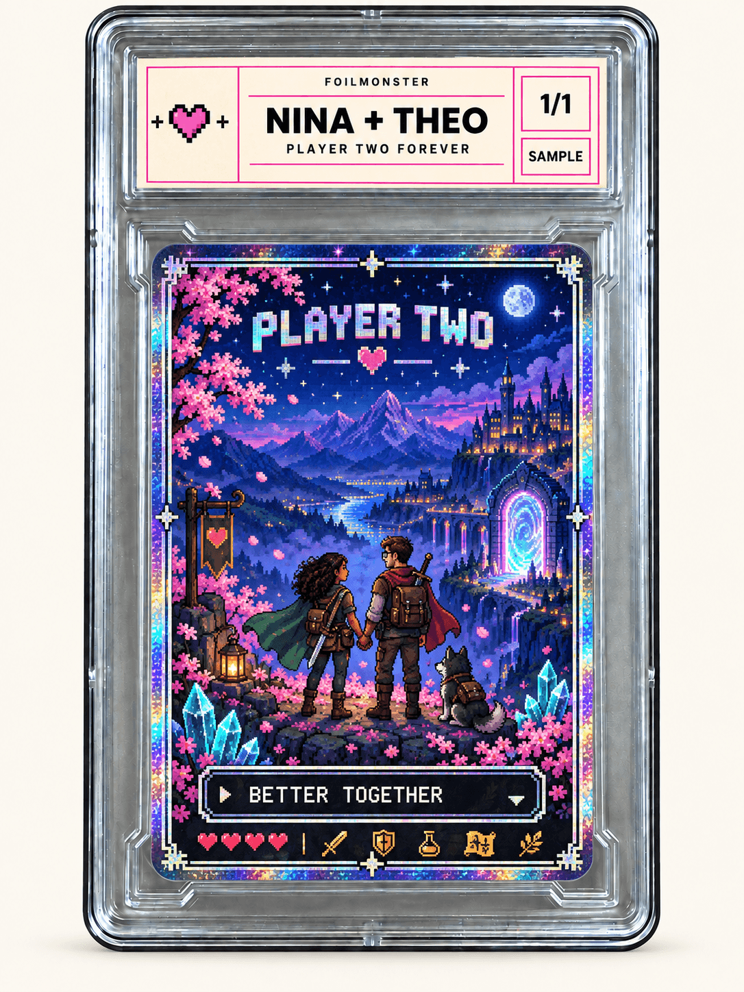 Nina and Theo as adult pixel art adventurers together in a luminous fantasy landscape on a custom card