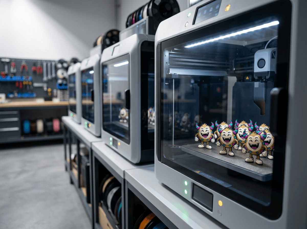A row of 3D printers running a production batch in the FOILMONSTER workshop