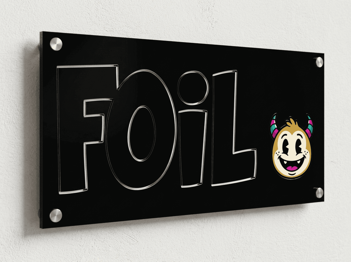 A laser cut black acrylic FOIL sign mounted on a reception wall with chrome standoffs