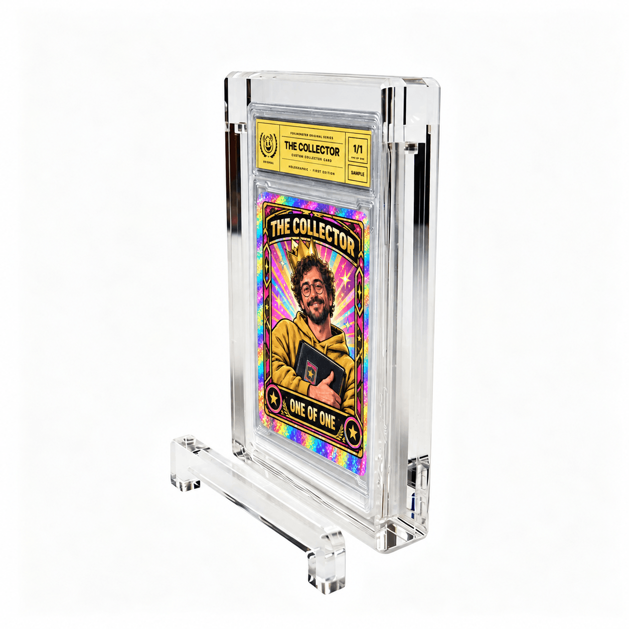 A custom card displayed inside the separate acrylic display case included with the prize