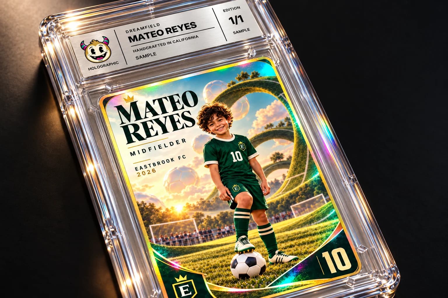 Illustrative close-up of the Mateo Reyes custom soccer card with holographic accents in a clear acrylic casing
