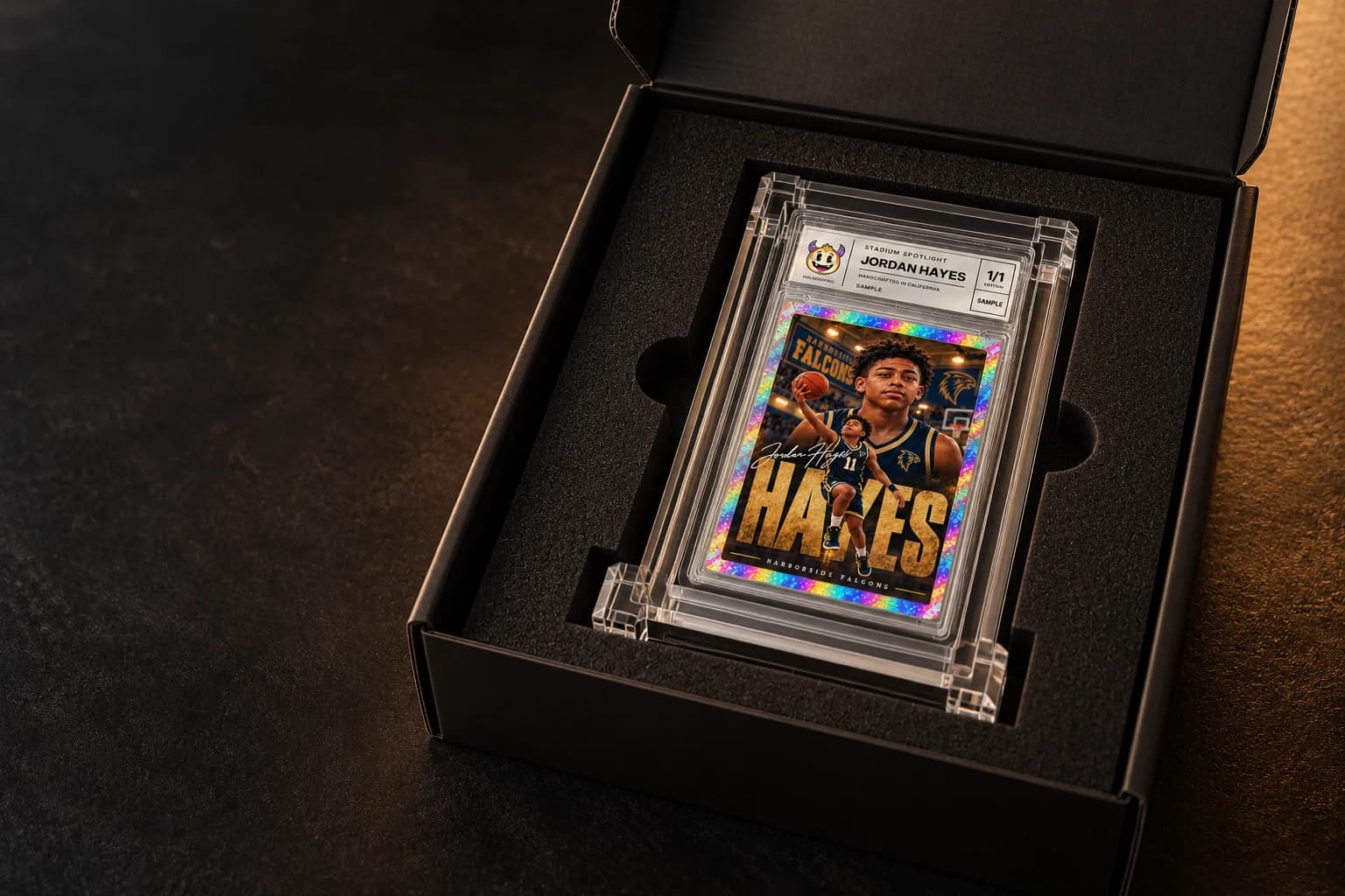 Illustration of a black mailer box with fitted black EVA foam and an acrylic display piece centered in its protective cutout