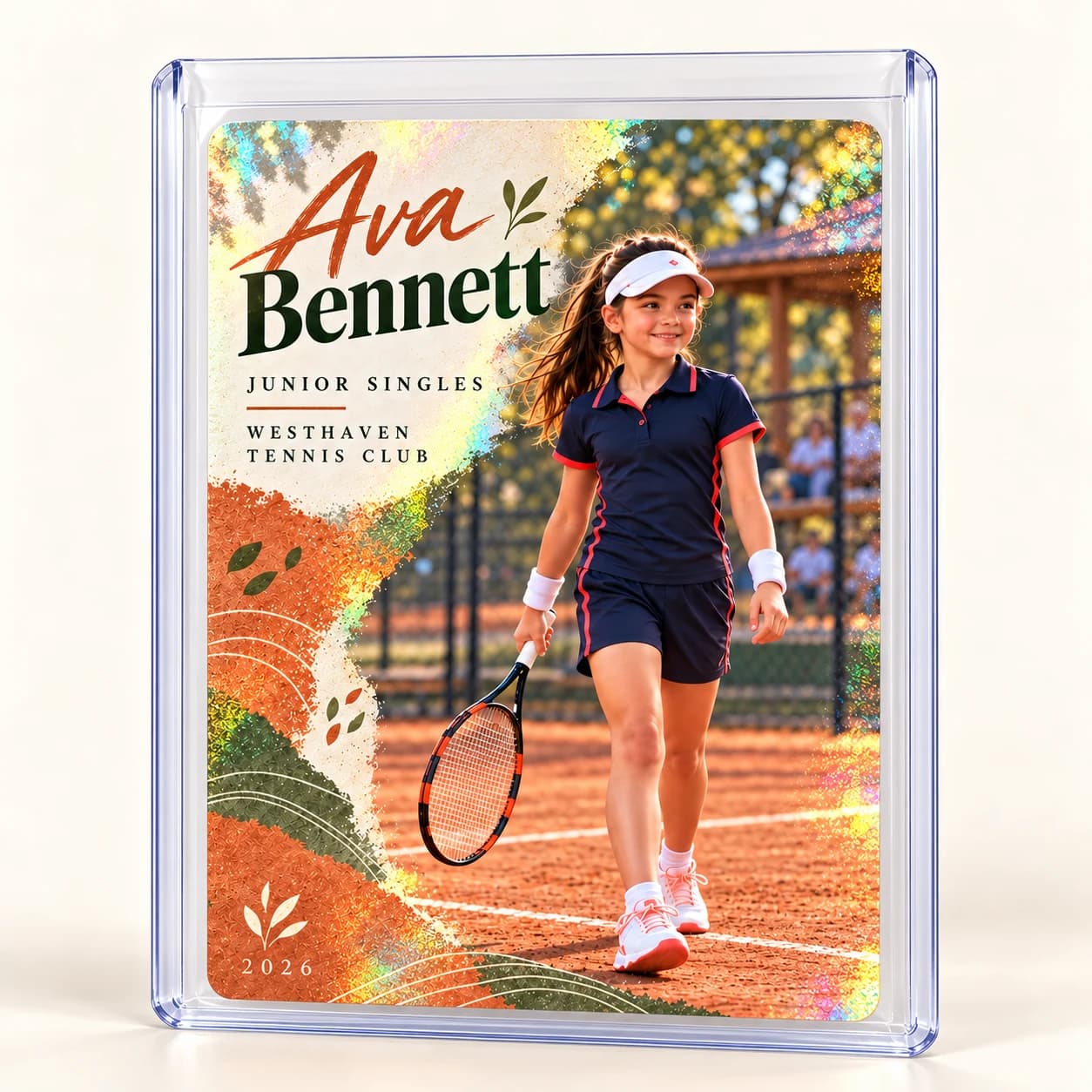 Ava Bennett Earth Court tennis card in a thin clear protective top loader