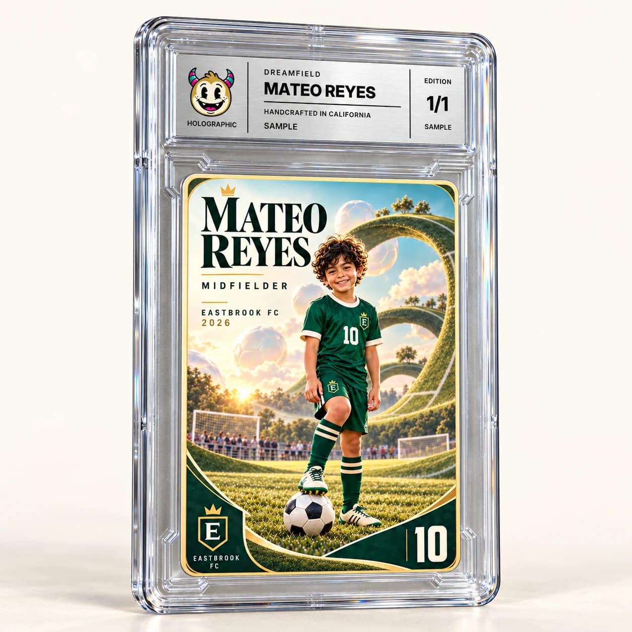 Mateo Reyes Dreamfield soccer card and personalized silver foil label inside a clear rounded acrylic casing