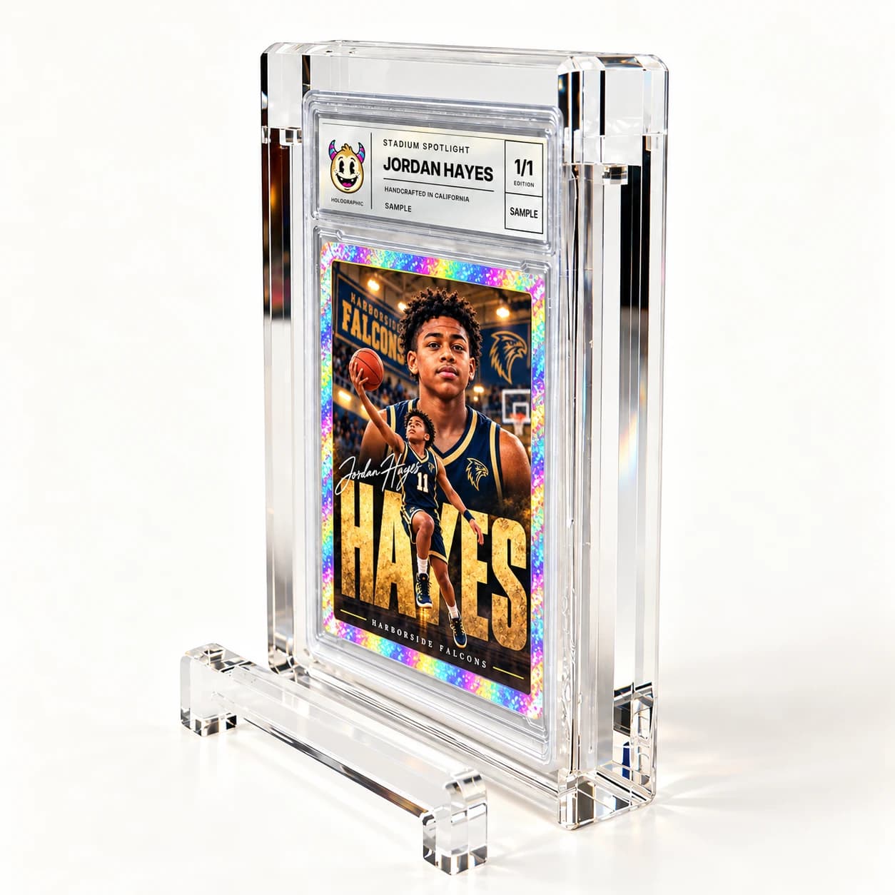 Jordan Hayes basketball card and matching silver label in an acrylic casing, inside the freestanding clear acrylic display case
