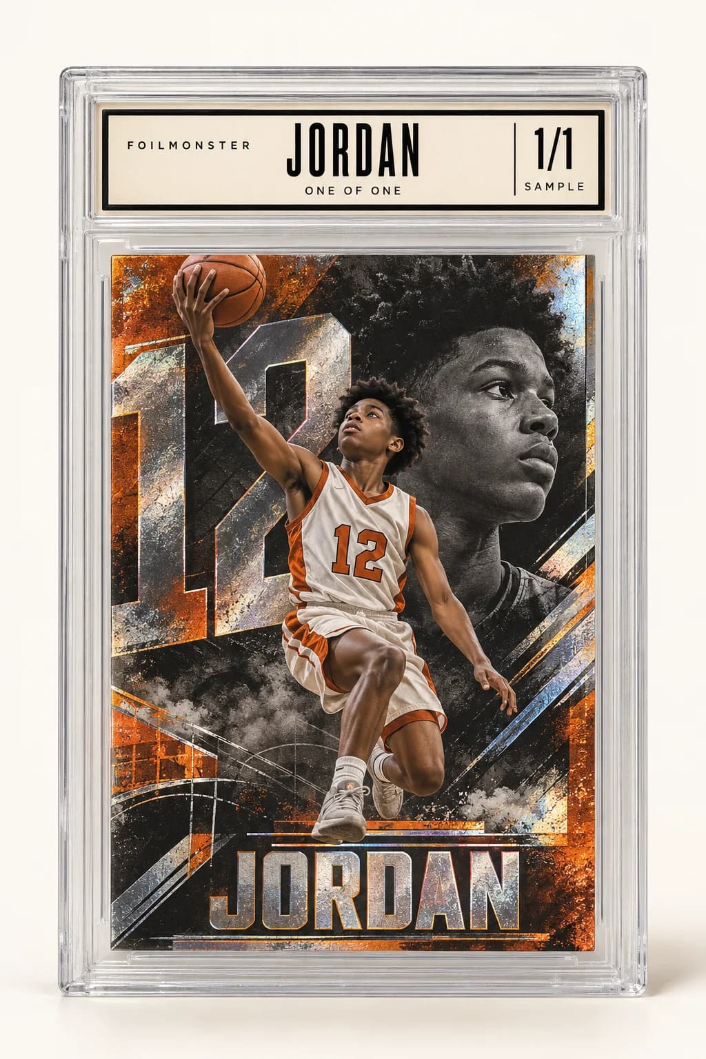 Illustrative custom basketball card for Jordan, sealed in an acrylic slab