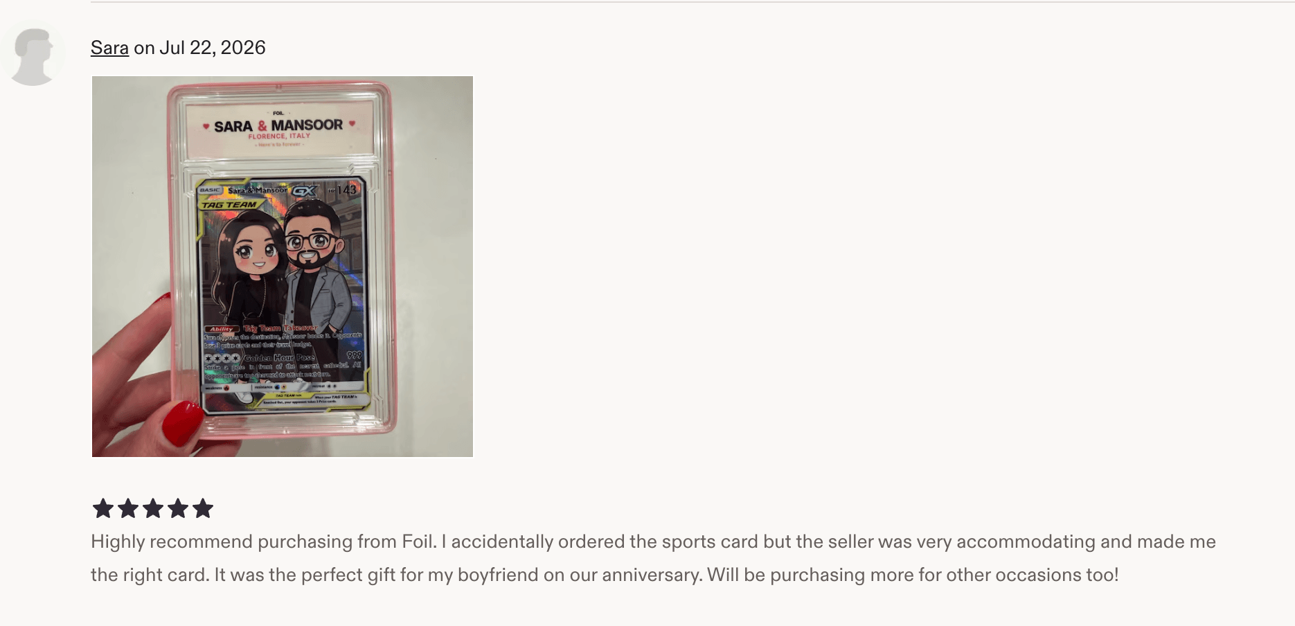Sara’s customer photo of her personalized couple card