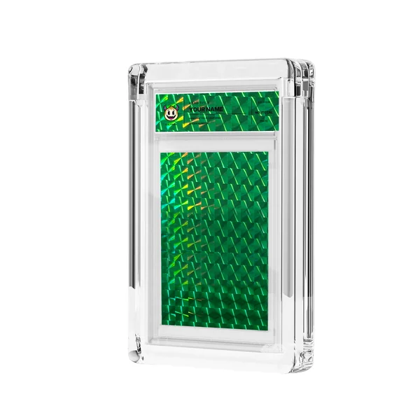 Emerald foil and transparent label in acrylic casing, mockup