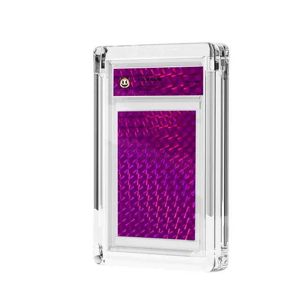 Fuchsia foil and transparent label in acrylic casing, mockup