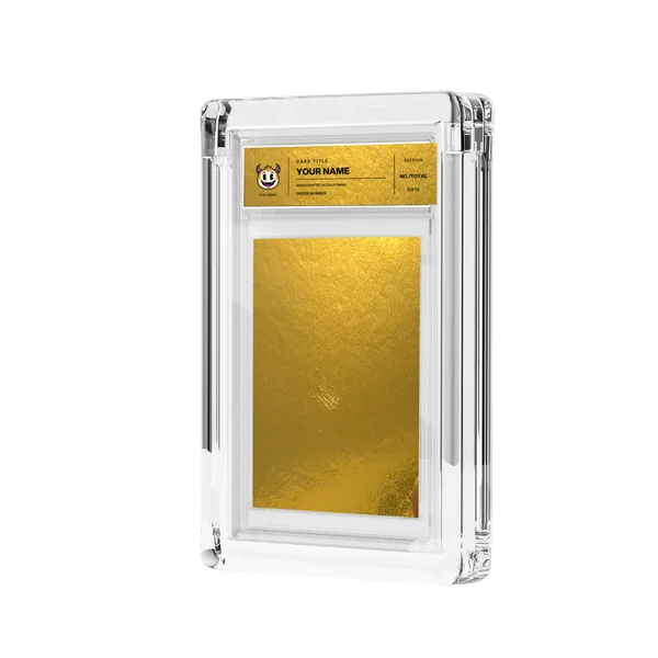 Gold Bar foil and transparent label in acrylic casing, mockup