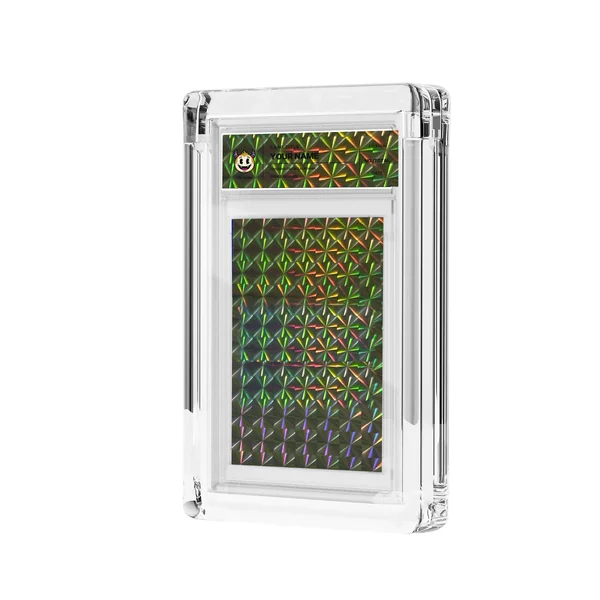 Gold Diamond foil and transparent label in acrylic casing, mockup