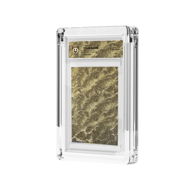 Goldwave foil and transparent label in acrylic casing, mockup