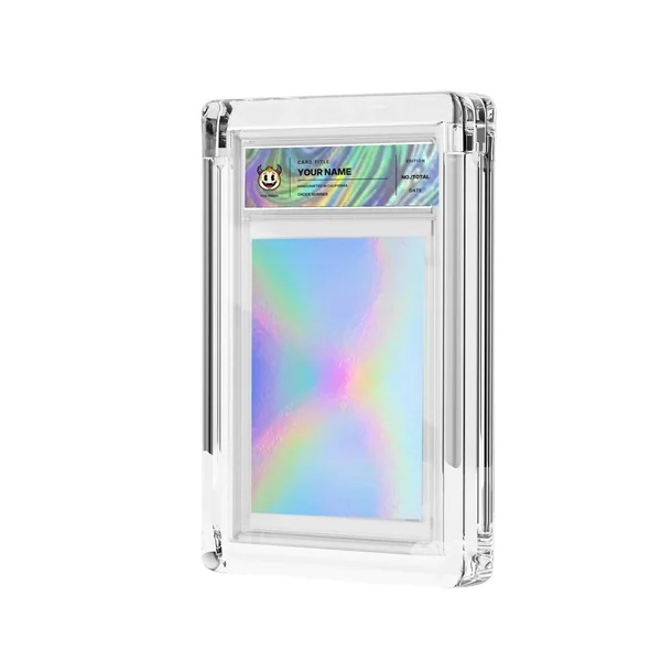 Holo foil and transparent label in acrylic casing, mockup
