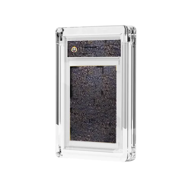 Midnight Glitter foil and transparent label in acrylic casing, mockup