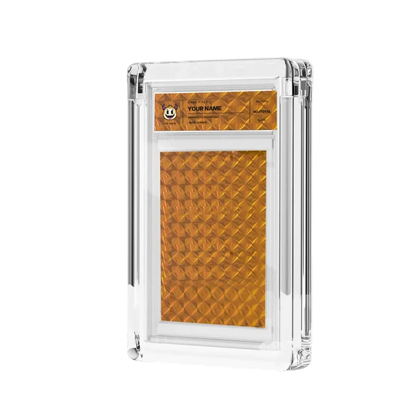 Orange Diamond foil and transparent label in acrylic casing, mockup