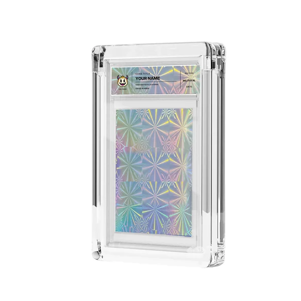 Pinwheel foil and transparent label in acrylic casing, mockup