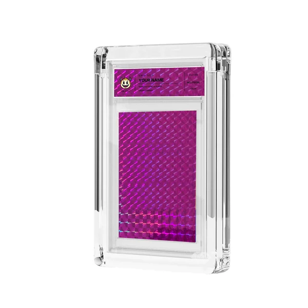 Raspberry foil and transparent label in acrylic casing, mockup