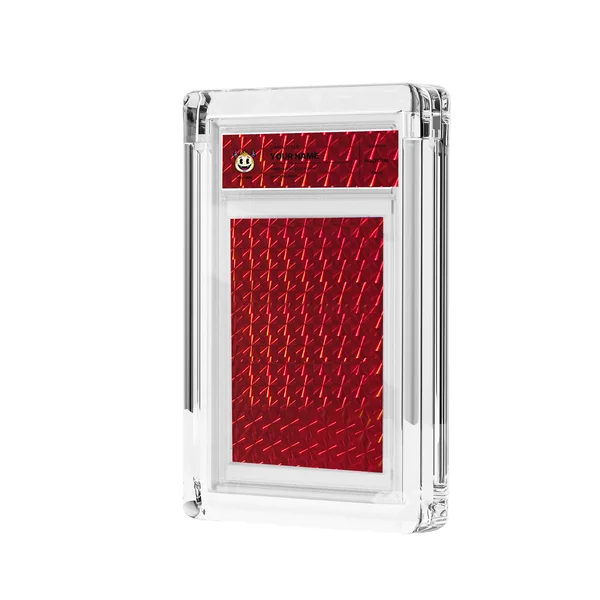 Red foil and transparent label in acrylic casing, mockup