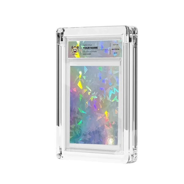 Shatter foil and transparent label in acrylic casing, mockup