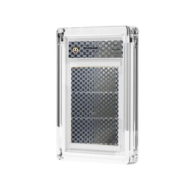 Silver Checker foil and transparent label in acrylic casing, mockup