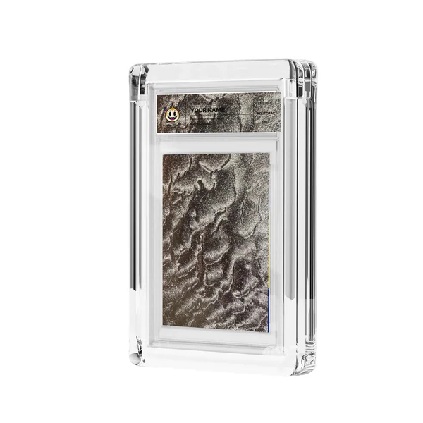 Silverwave foil and transparent label in acrylic casing, mockup