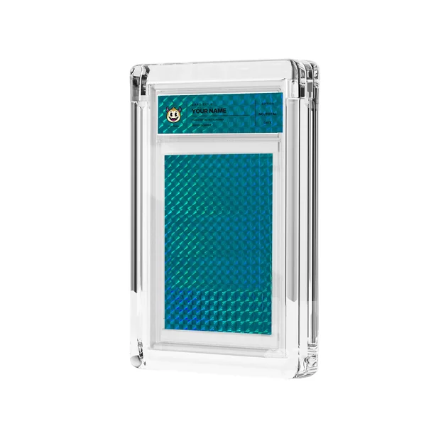 Turquoise foil and transparent label in acrylic casing, mockup