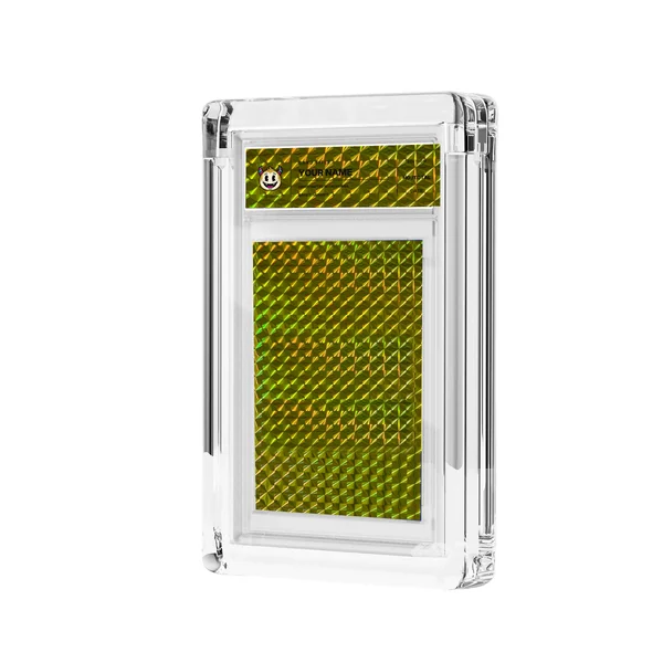 Yellow Diamond foil and transparent label in acrylic casing, mockup
